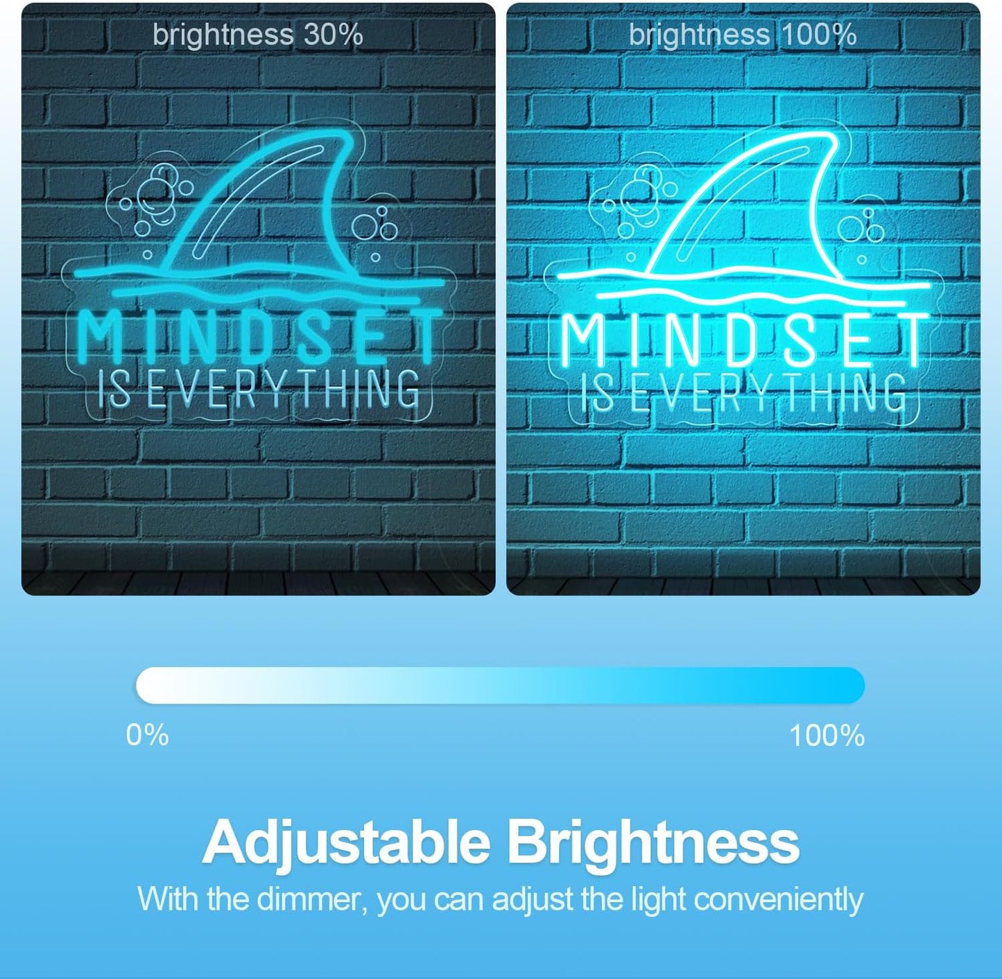 Mindset is Everything neon sign with shark fin graphic – motivational LED wall decor