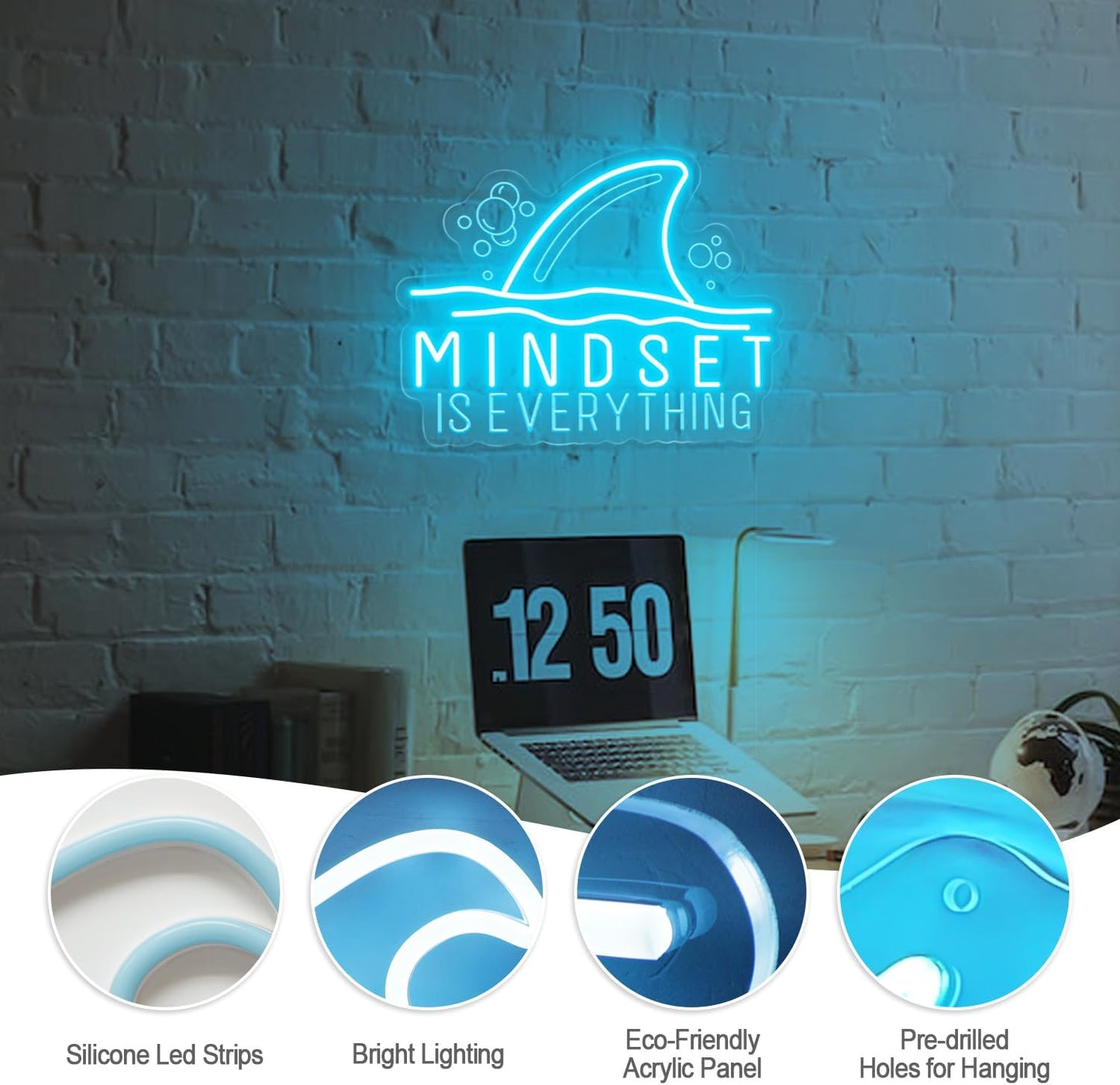 Mindset is Everything neon sign with shark fin graphic – motivational LED wall decor