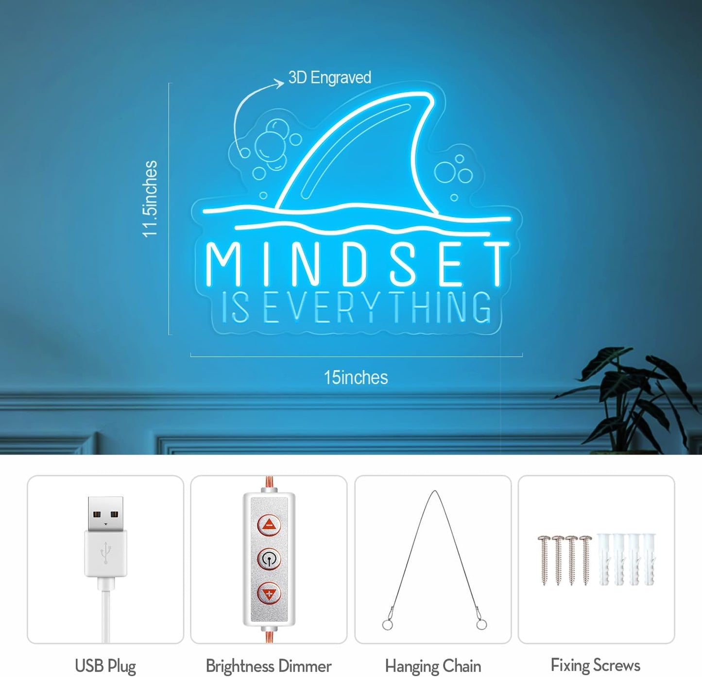 Mindset is Everything neon sign with shark fin graphic – motivational LED wall decor