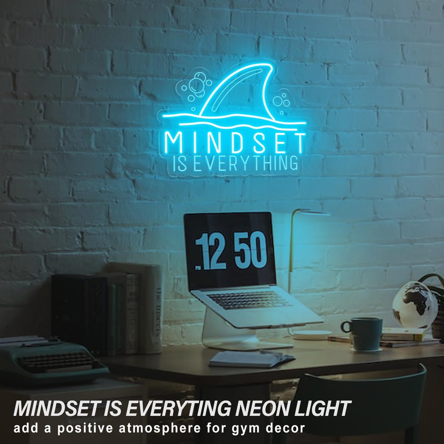 Mindset is Everything neon sign with shark fin graphic – motivational LED wall decor