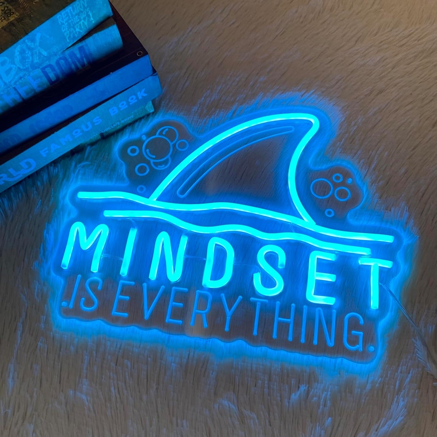 Mindset is Everything neon sign with shark fin graphic – motivational LED wall decor