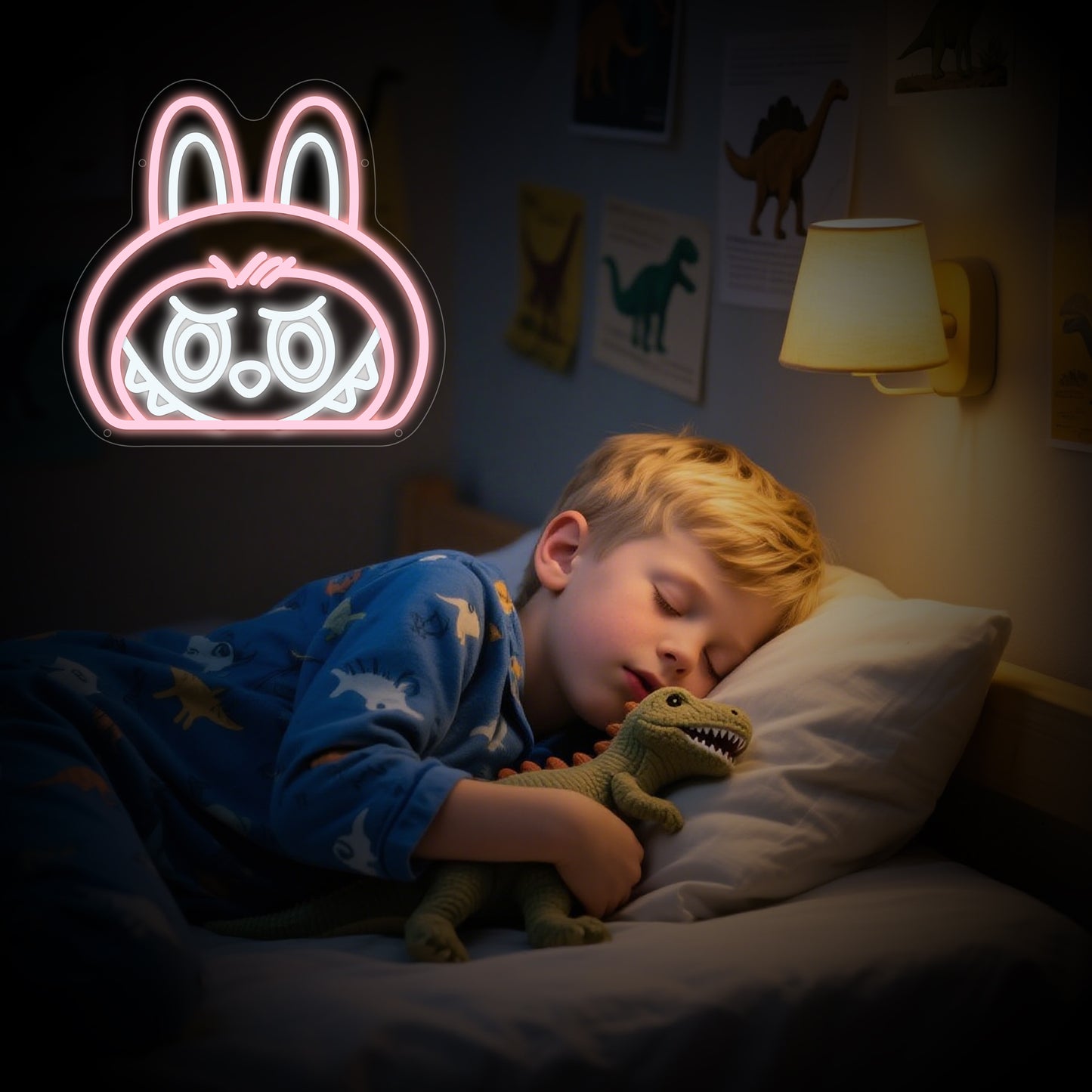 Mokoko LED neon light shaped like Pop Mart’s angry cute character