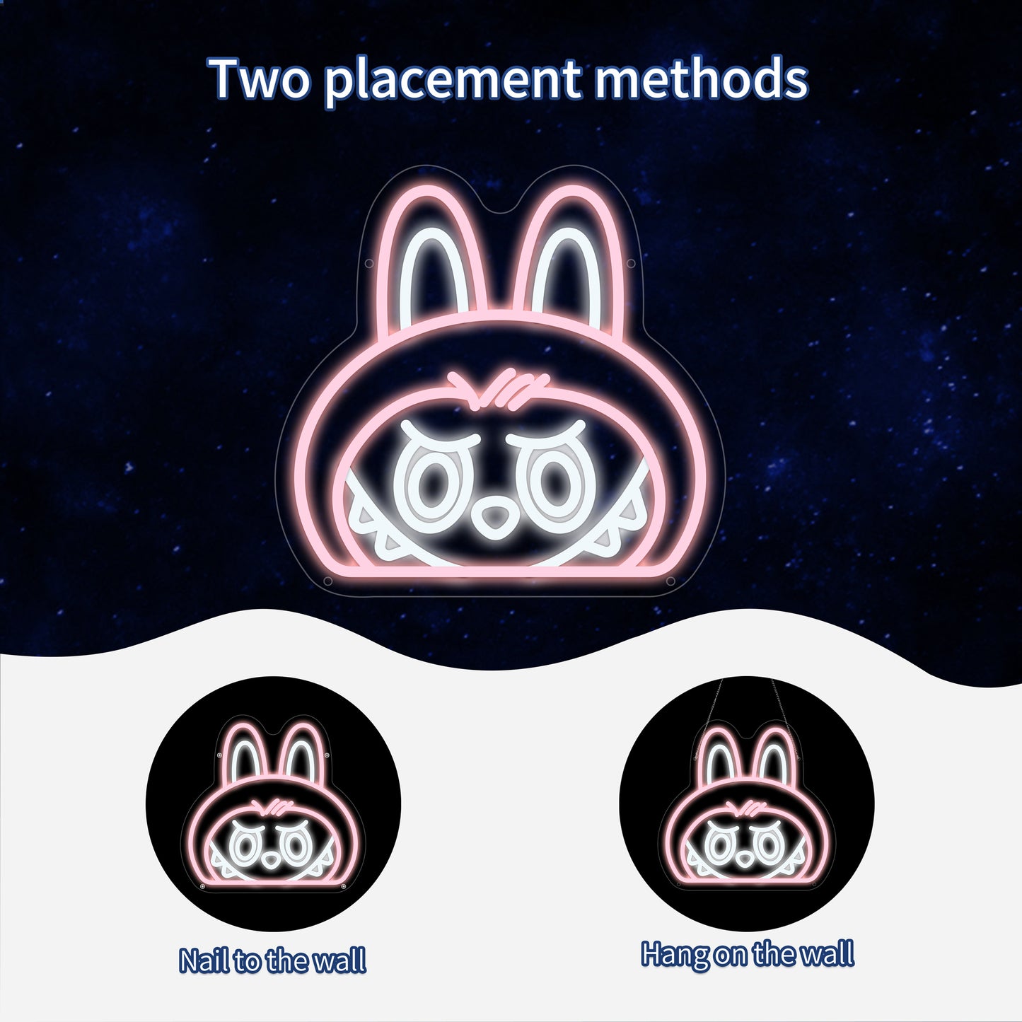 Mokoko LED neon light shaped like Pop Mart’s angry cute character