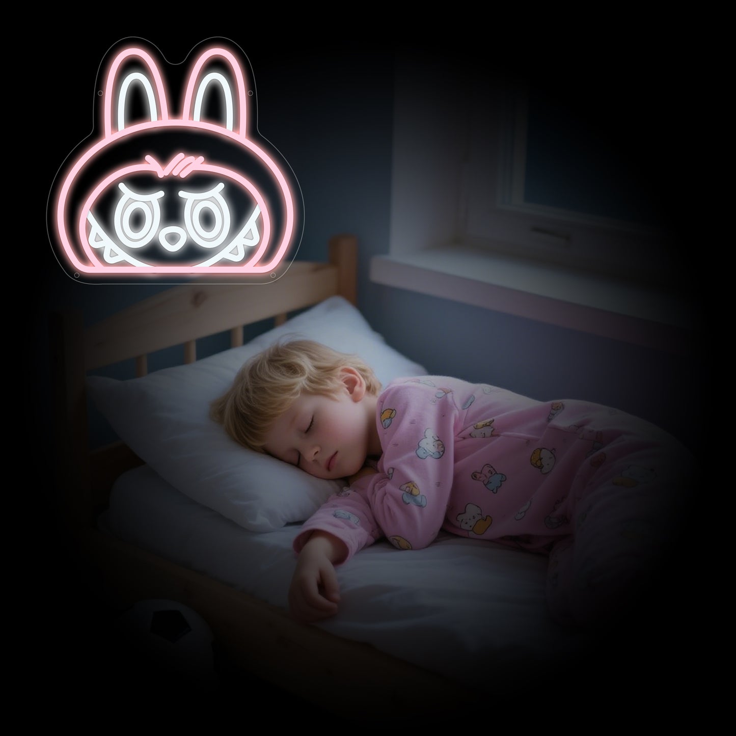 Mokoko LED neon light shaped like Pop Mart’s angry cute character