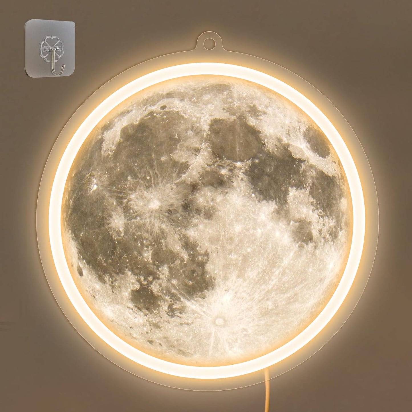 Moon-shaped neon sign with realistic UV-printed lunar surface for space-themed room decor