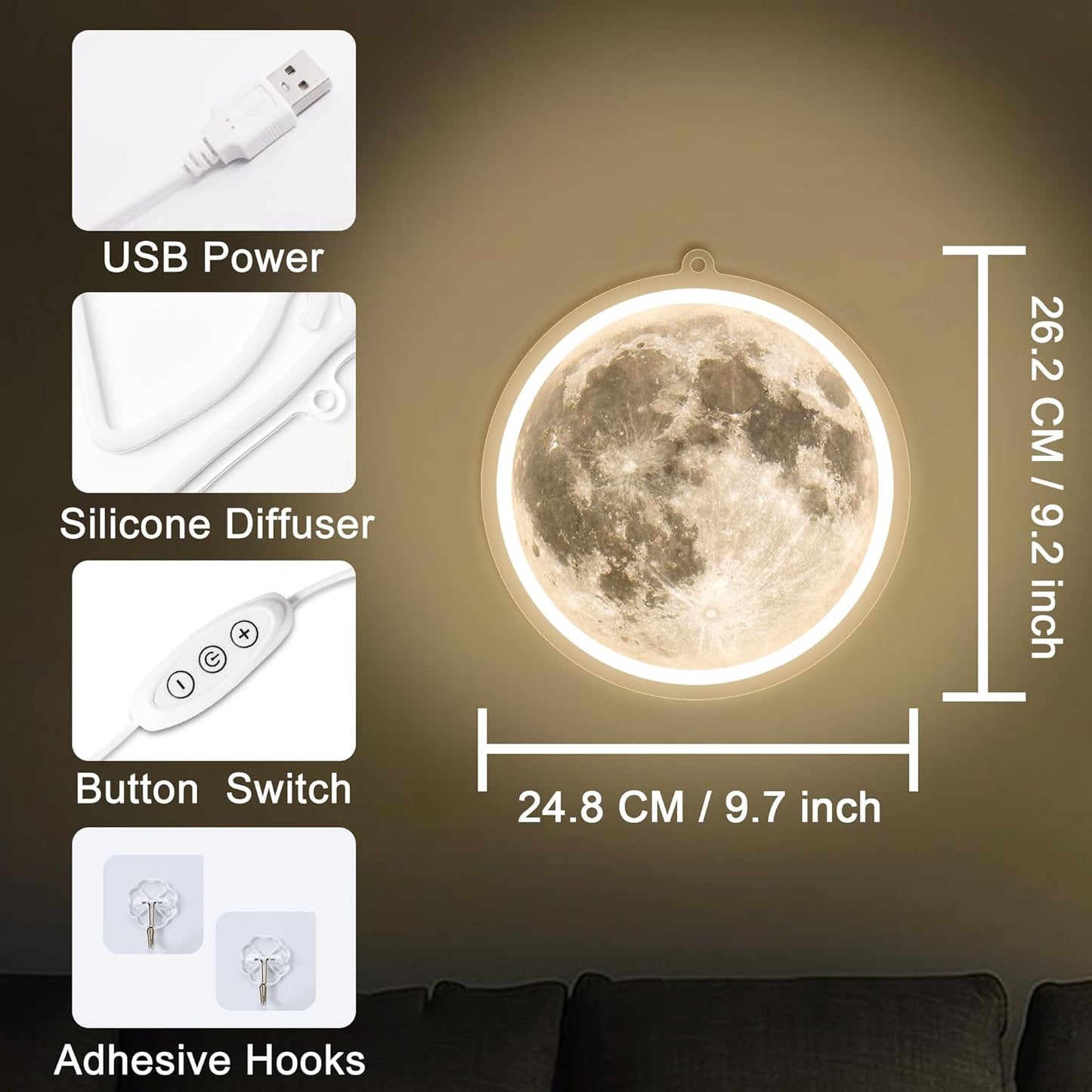 Moon-shaped neon sign with realistic UV-printed lunar surface for space-themed room decor