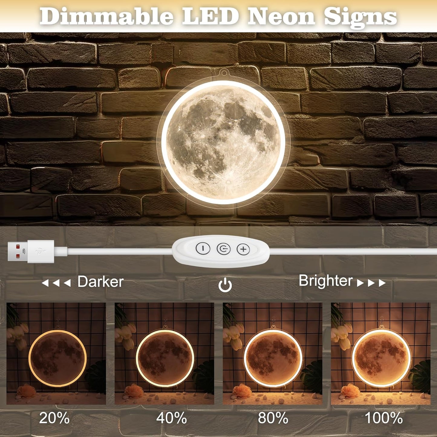 Moon-shaped neon sign with realistic UV-printed lunar surface for space-themed room decor