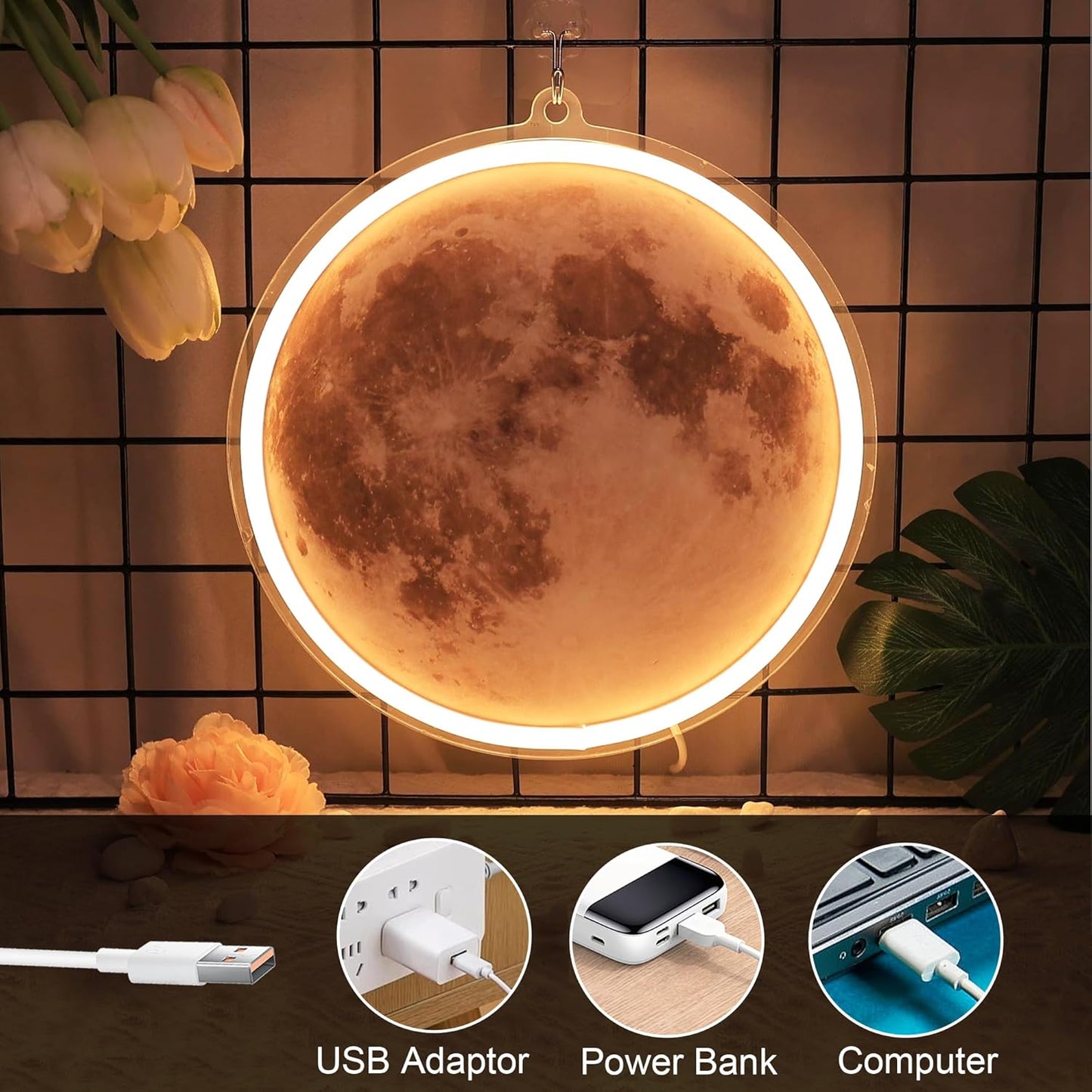 Moon-shaped neon sign with realistic UV-printed lunar surface for space-themed room decor