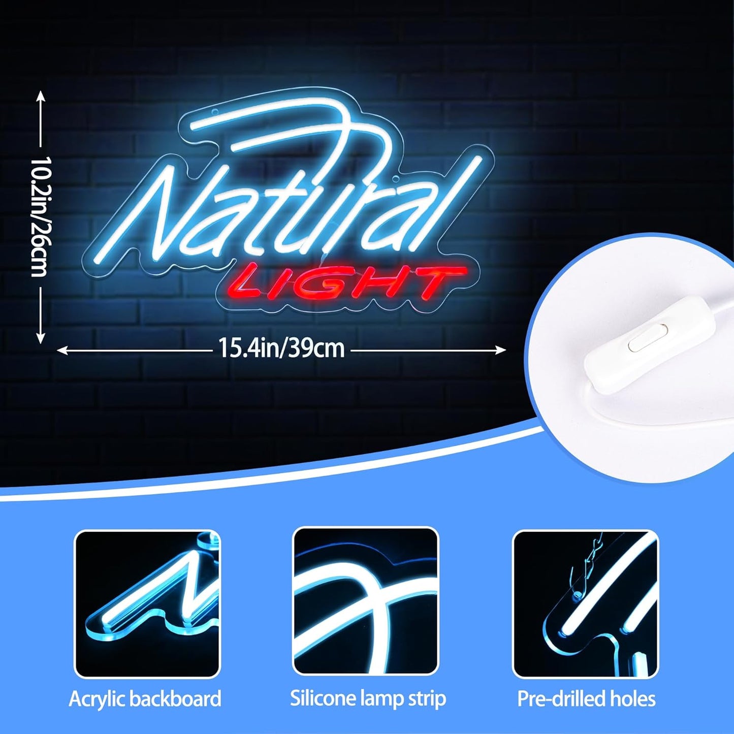 Neon sign displaying the words "Natural Light" in glowing LED lights, perfect for bar wall decor or home beer corner
