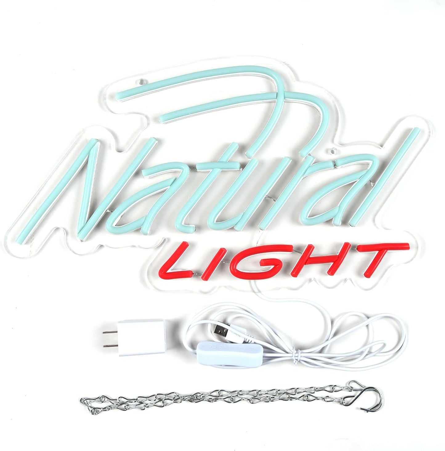 Neon sign displaying the words "Natural Light" in glowing LED lights, perfect for bar wall decor or home beer corner