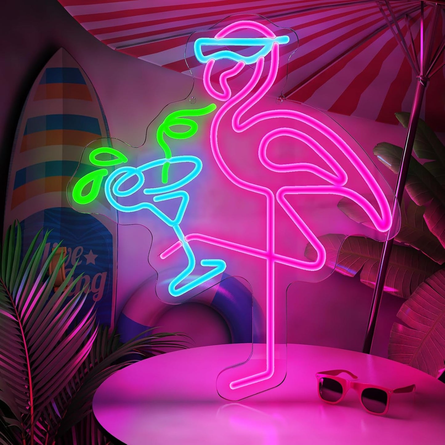 Neon Flamingo Sign - Pink & Blue LED Bar Decor Light for Home, Bar, Party - Deen neon