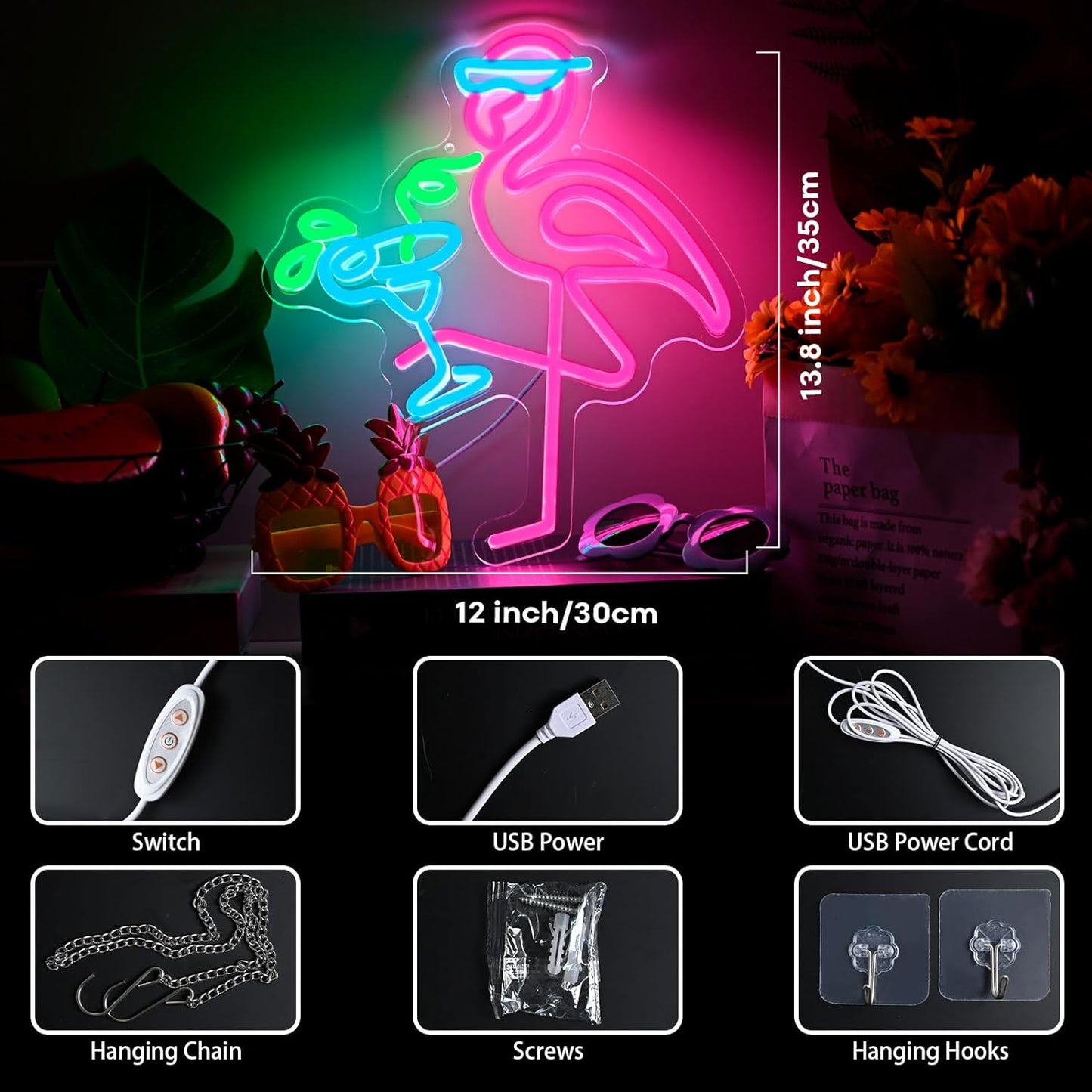 Neon Flamingo Sign - Pink & Blue LED Bar Decor Light for Home, Bar, Party - Deen neon