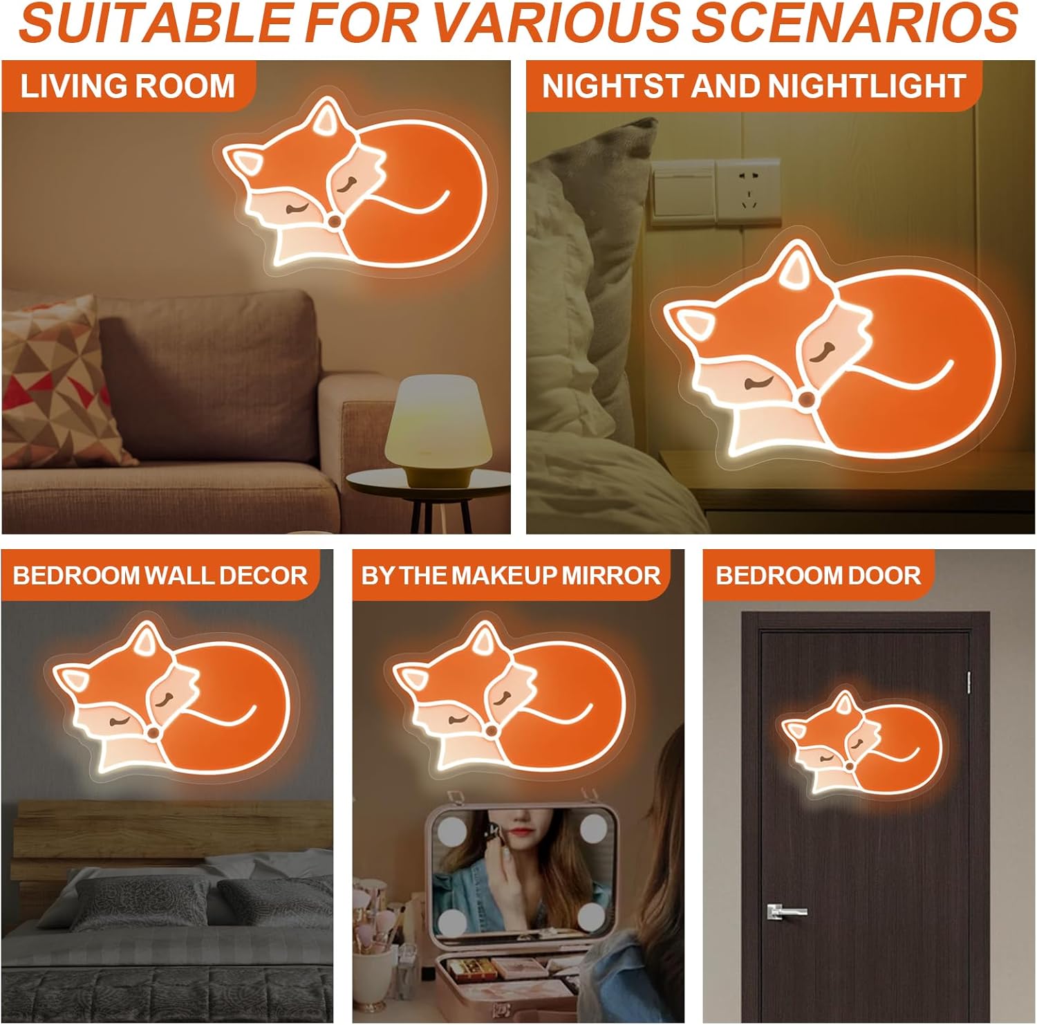 Glowing neon fox light wall decor – LED animal sign for home and kids room