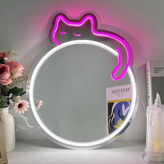 Purple Cat Neon LED Mirror Light - Cute Round Wall Decor for Bathroom & Bedroom - Deen neon