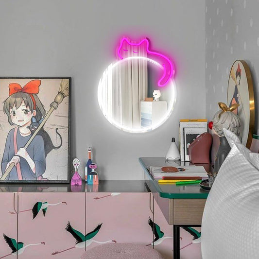 Purple Cat Neon LED Mirror Light - Cute Round Wall Decor for Bathroom & Bedroom - Deen neon