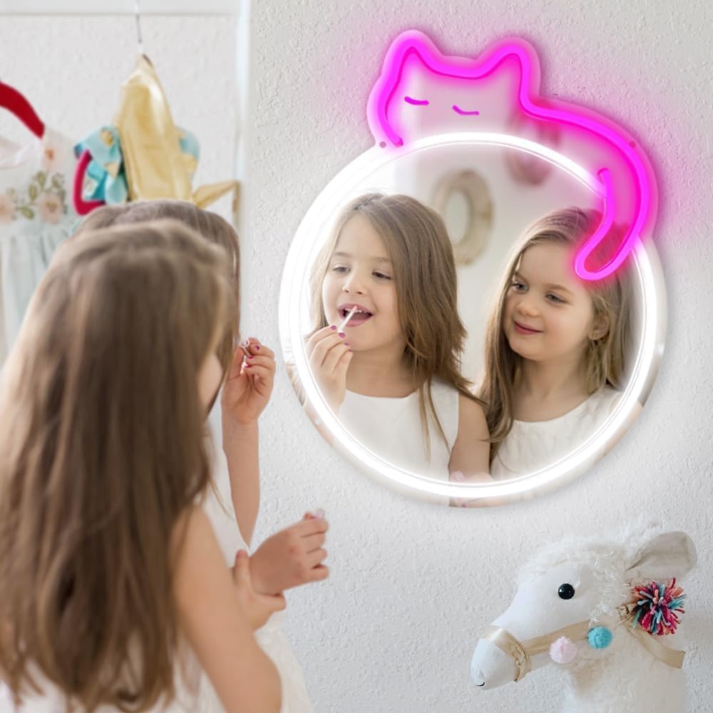 Purple Cat Neon LED Mirror Light - Cute Round Wall Decor for Bathroom & Bedroom - Deen neon