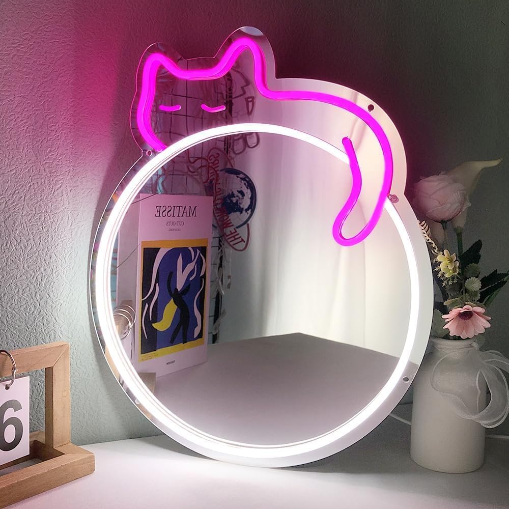 Purple Cat Neon LED Mirror Light - Cute Round Wall Decor for Bathroom & Bedroom - Deen neon