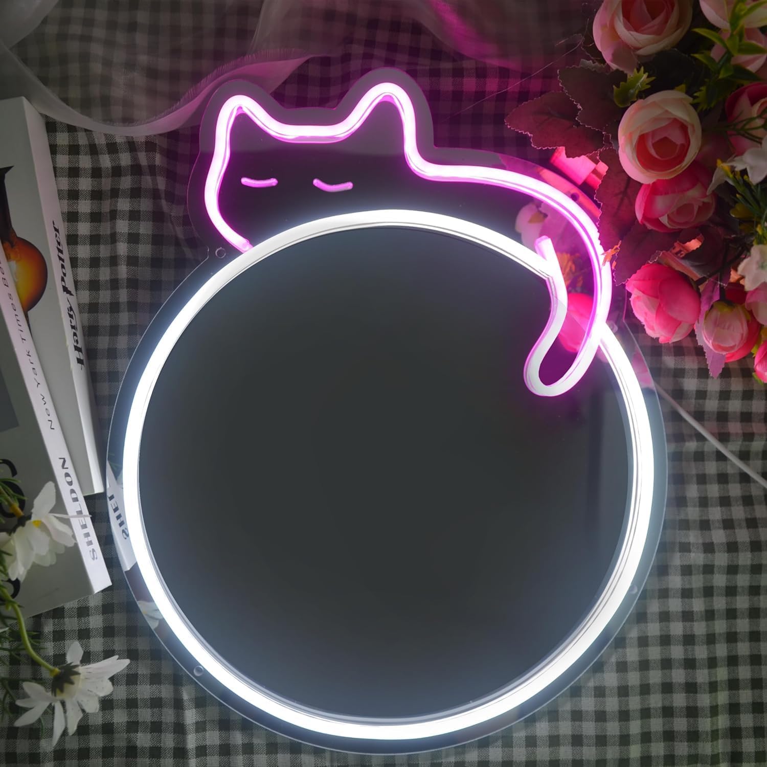 Purple Cat Neon LED Mirror Light - Cute Round Wall Decor for Bathroom & Bedroom - Deen neon