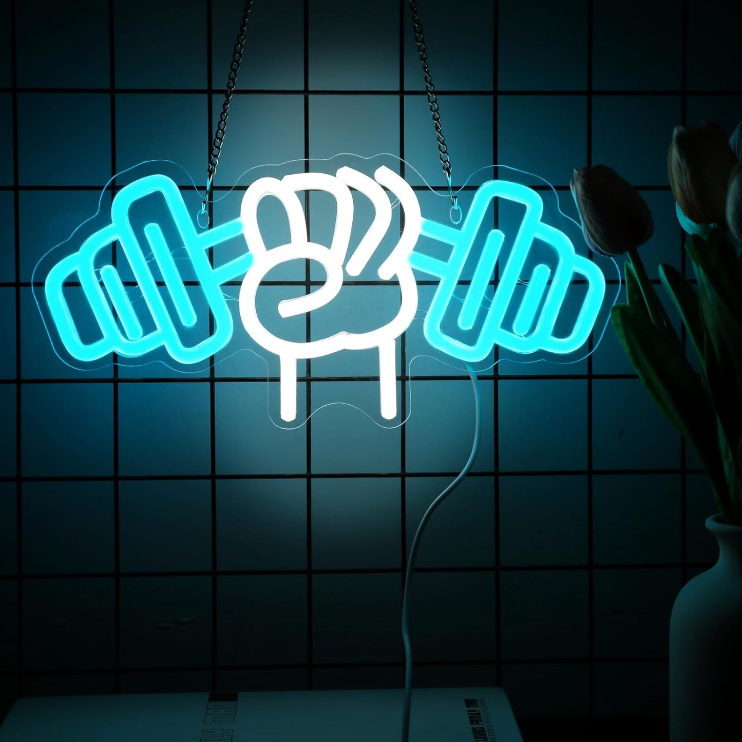 LED neon light sign of a hand holding a dumbbell – perfect for gym decor