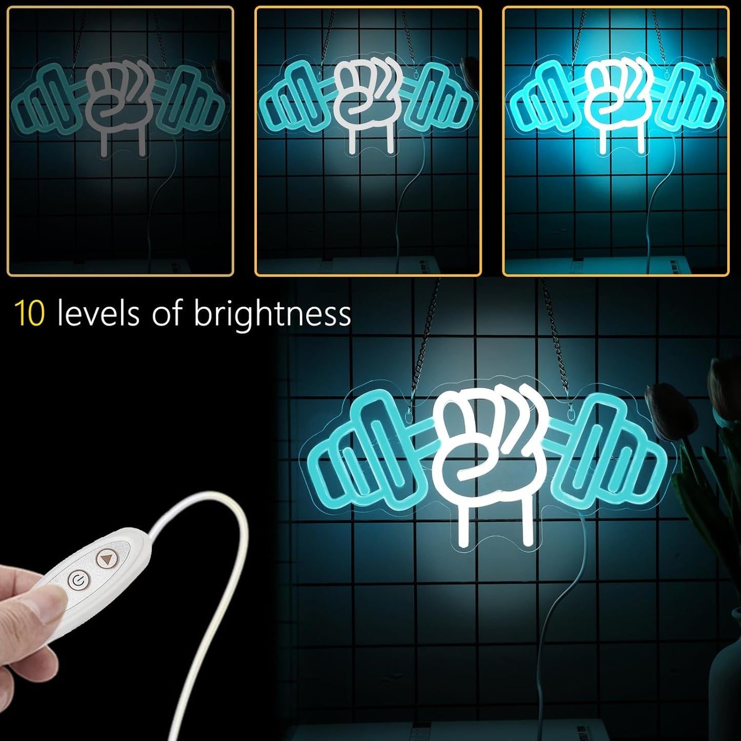 LED neon light sign of a hand holding a dumbbell – perfect for gym decor