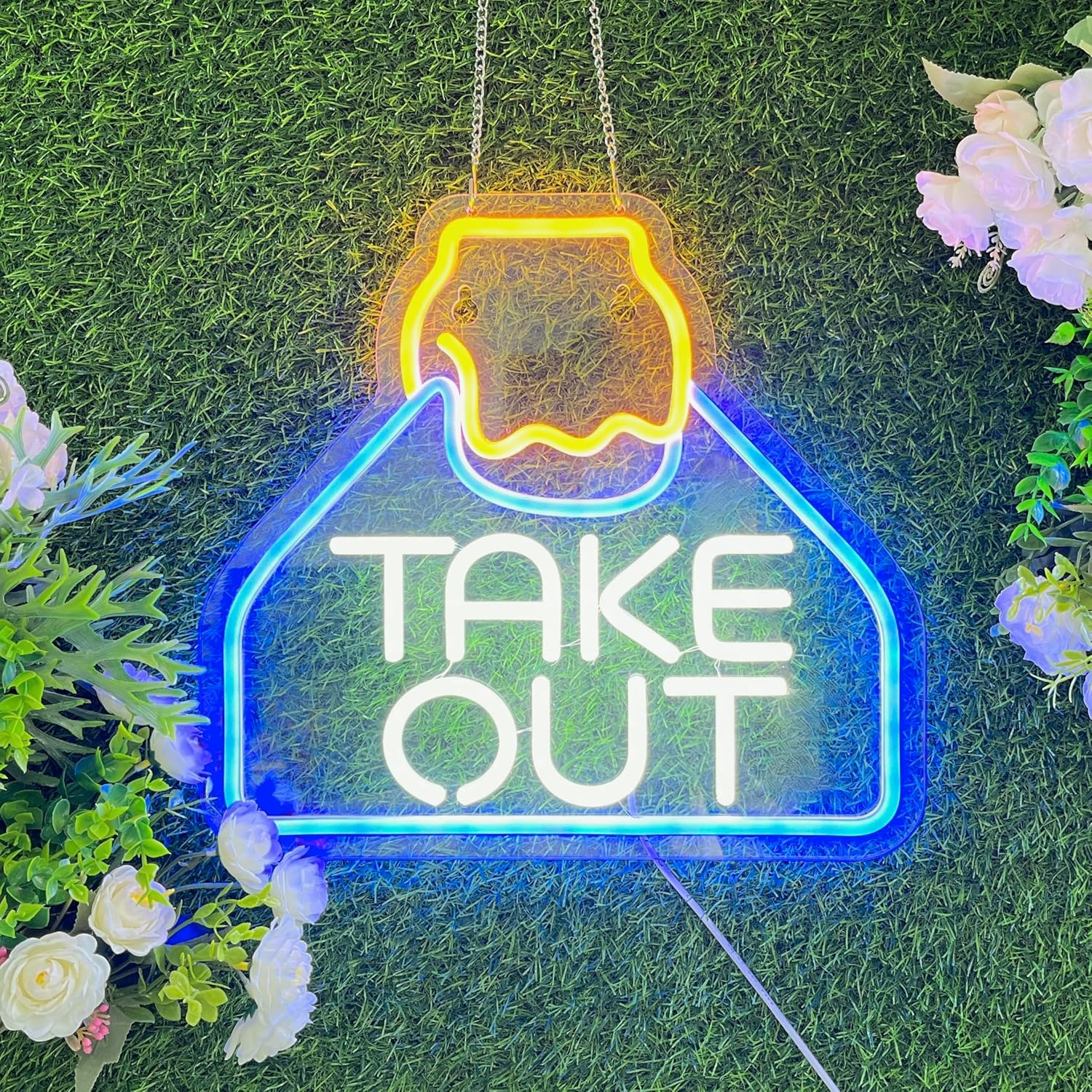 Glowing take out bag LED neon sign with hand illustration – fun restaurant or kitchen wall decor