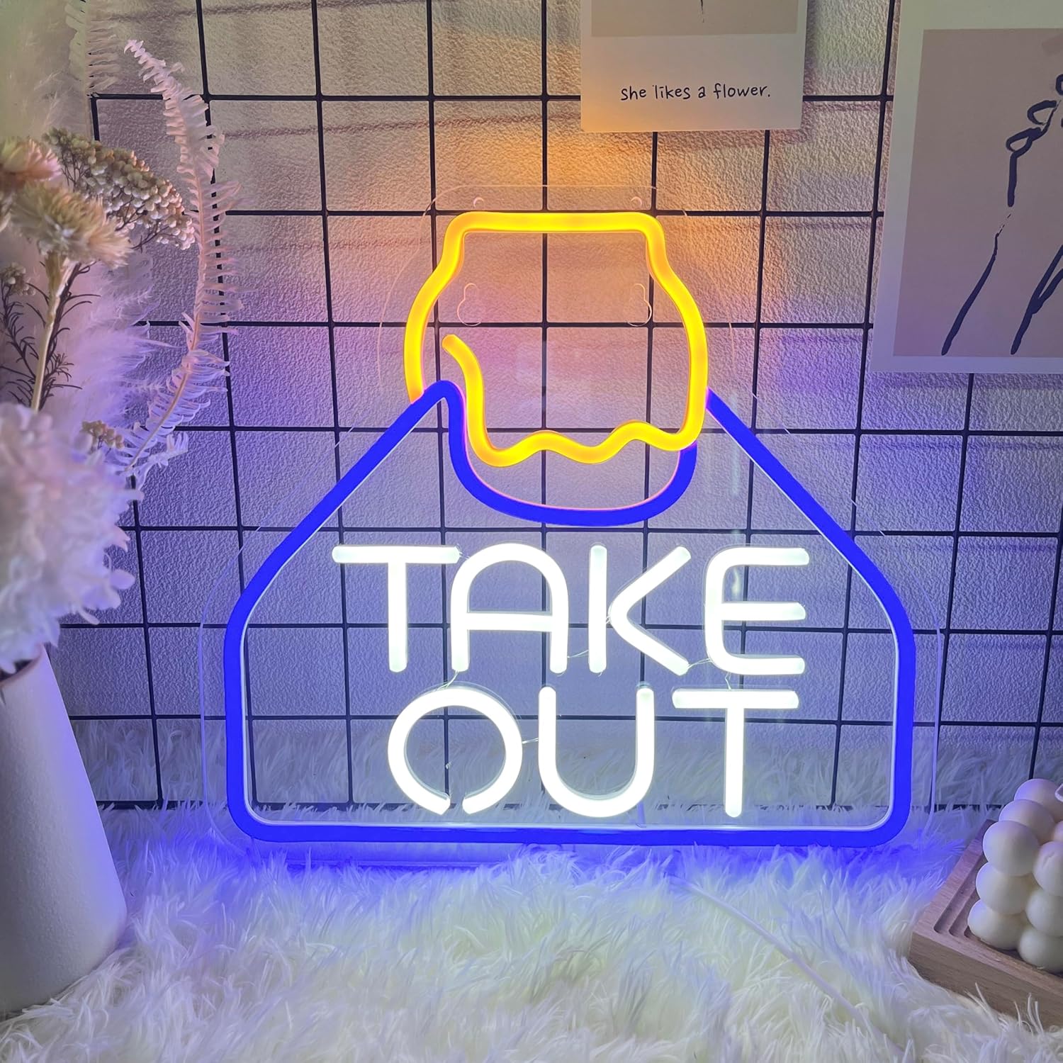 Glowing take out bag LED neon sign with hand illustration – fun restaurant or kitchen wall decor