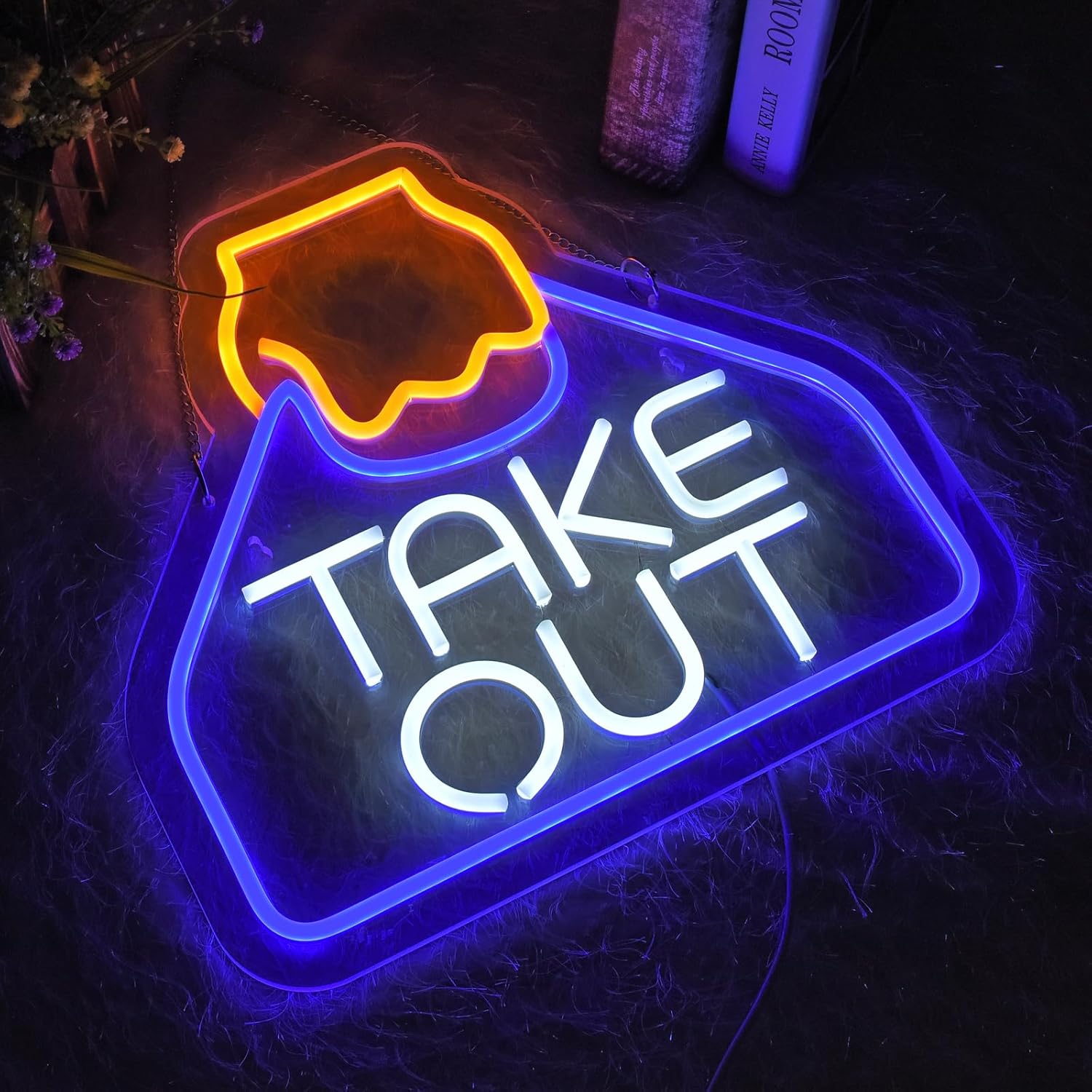 Glowing take out bag LED neon sign with hand illustration – fun restaurant or kitchen wall decor