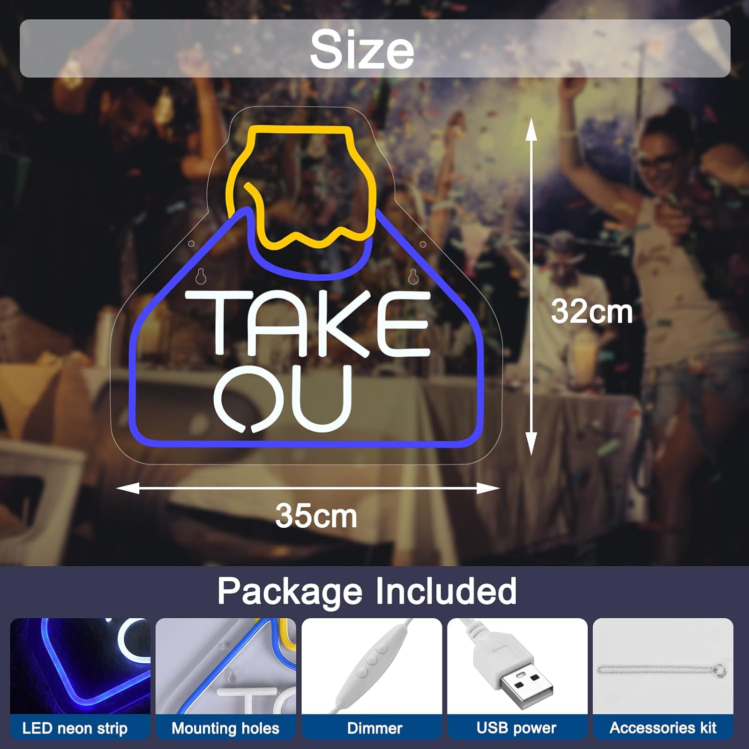 Glowing take out bag LED neon sign with hand illustration – fun restaurant or kitchen wall decor