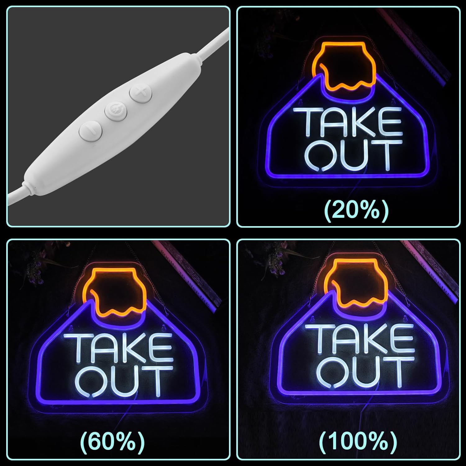 Glowing take out bag LED neon sign with hand illustration – fun restaurant or kitchen wall decor