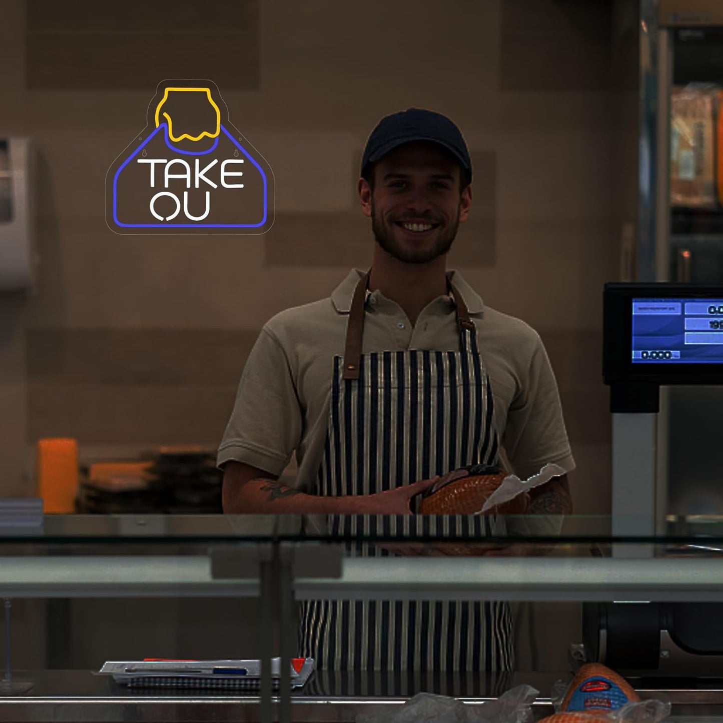 Glowing take out bag LED neon sign with hand illustration – fun restaurant or kitchen wall decor