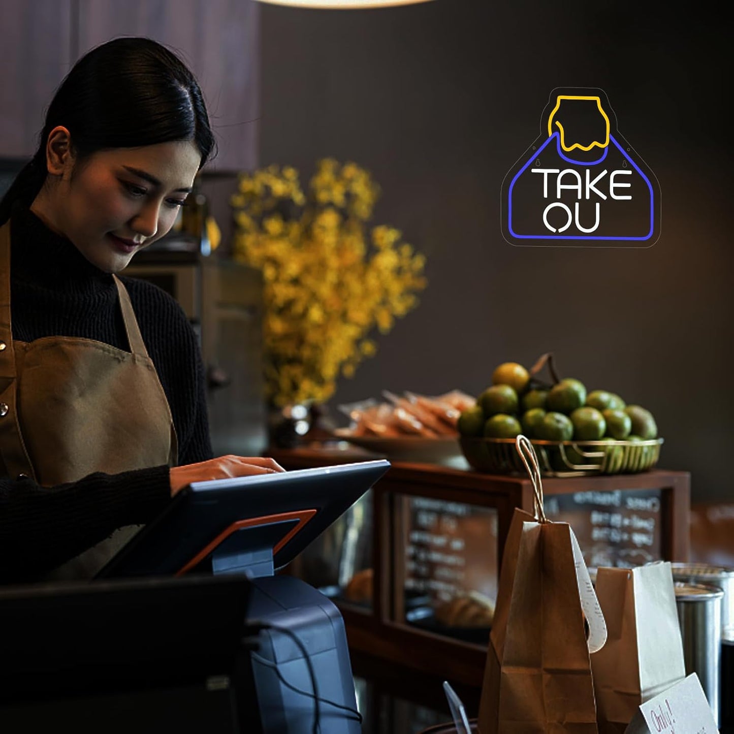 Glowing take out bag LED neon sign with hand illustration – fun restaurant or kitchen wall decor