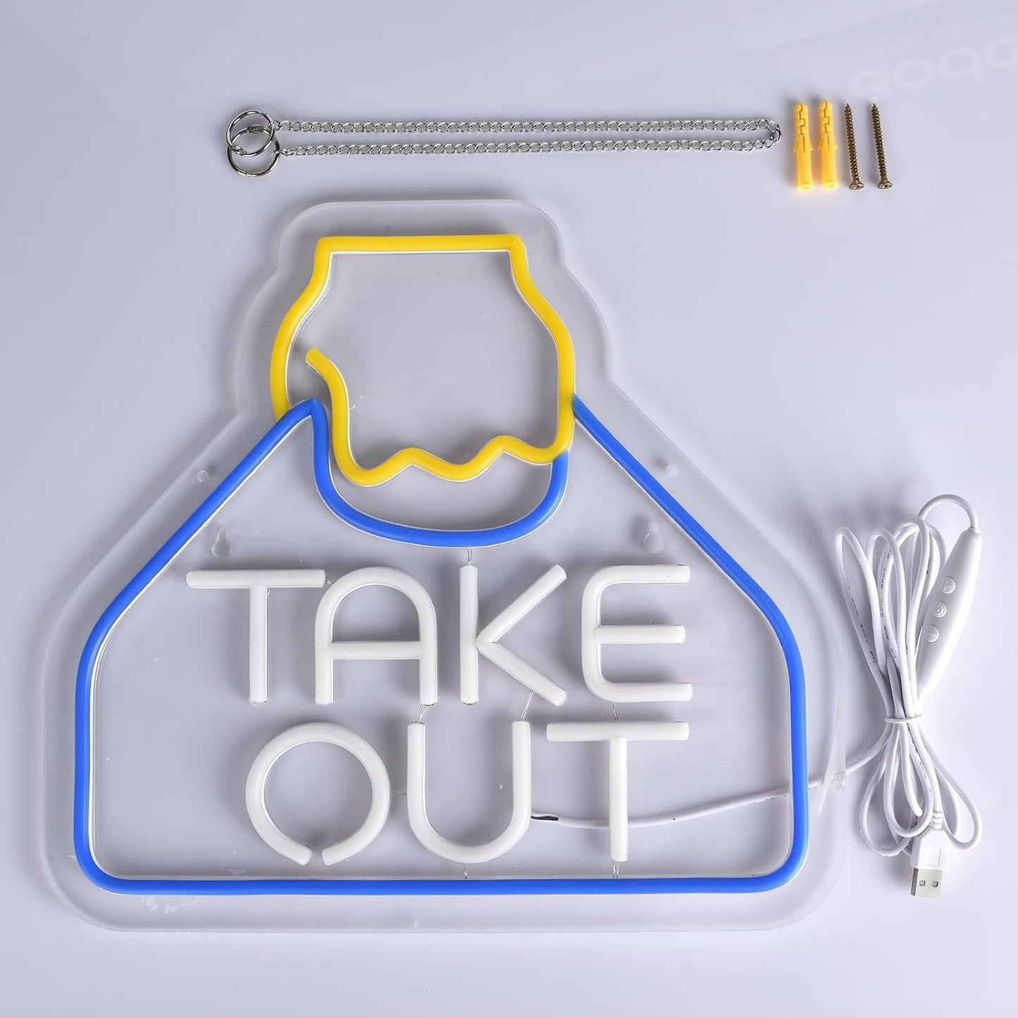 Glowing take out bag LED neon sign with hand illustration – fun restaurant or kitchen wall decor