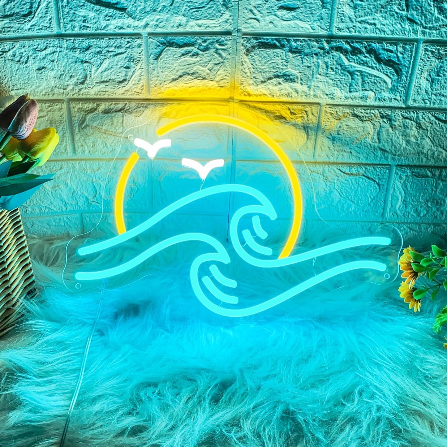 Ocean wave neon sign with sun and flying birds – LED coastal wall decor