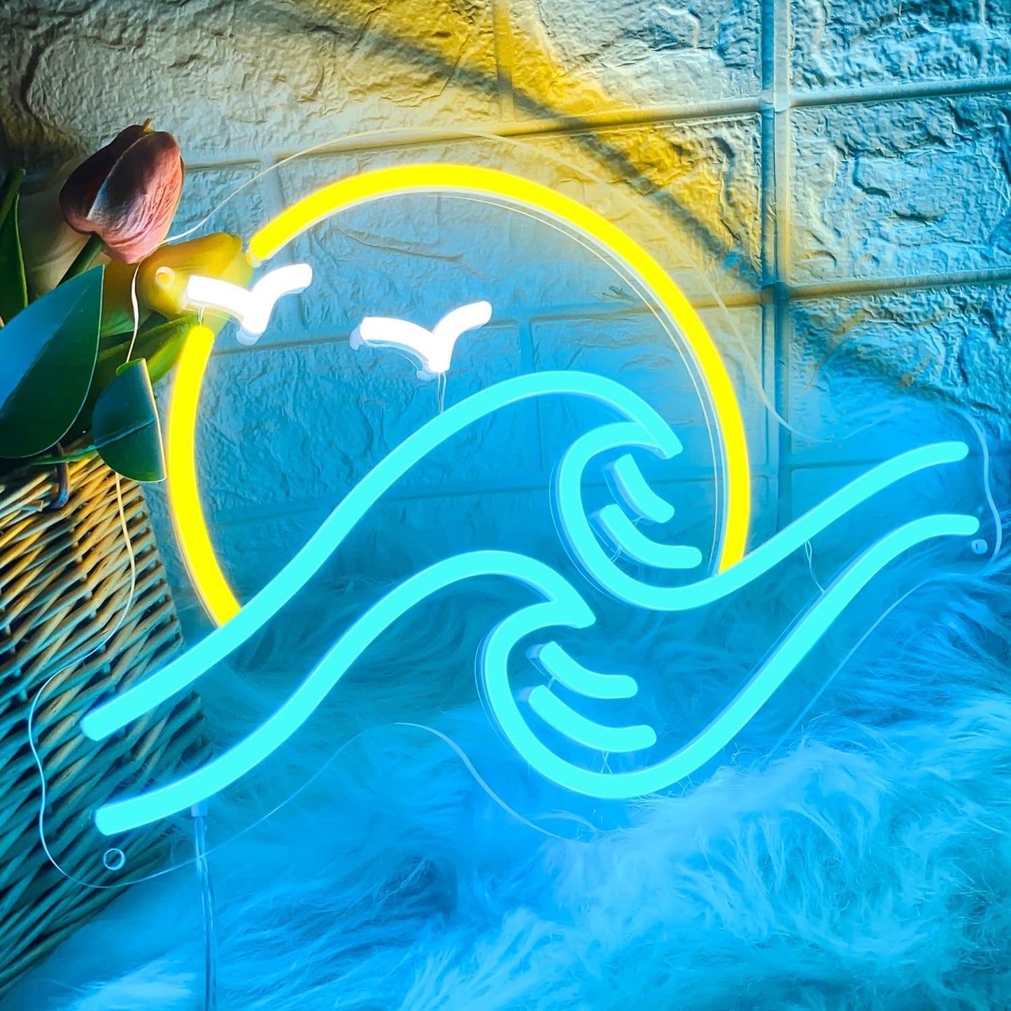 Ocean wave neon sign with sun and flying birds – LED coastal wall decor