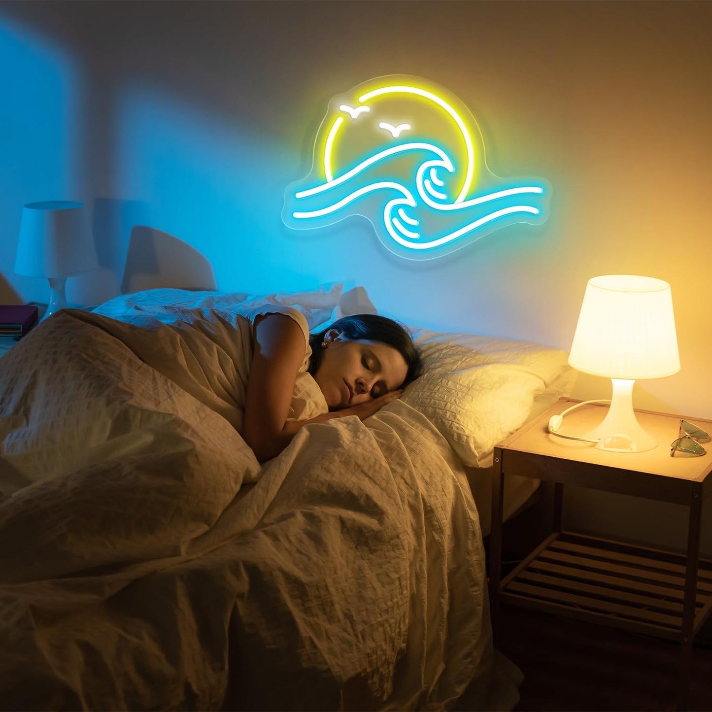 Ocean wave neon sign with sun and flying birds – LED coastal wall decor
