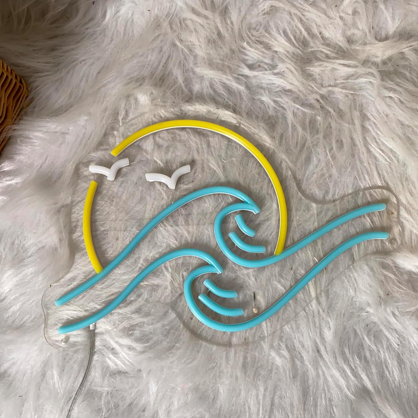 Ocean wave neon sign with sun and flying birds – LED coastal wall decor