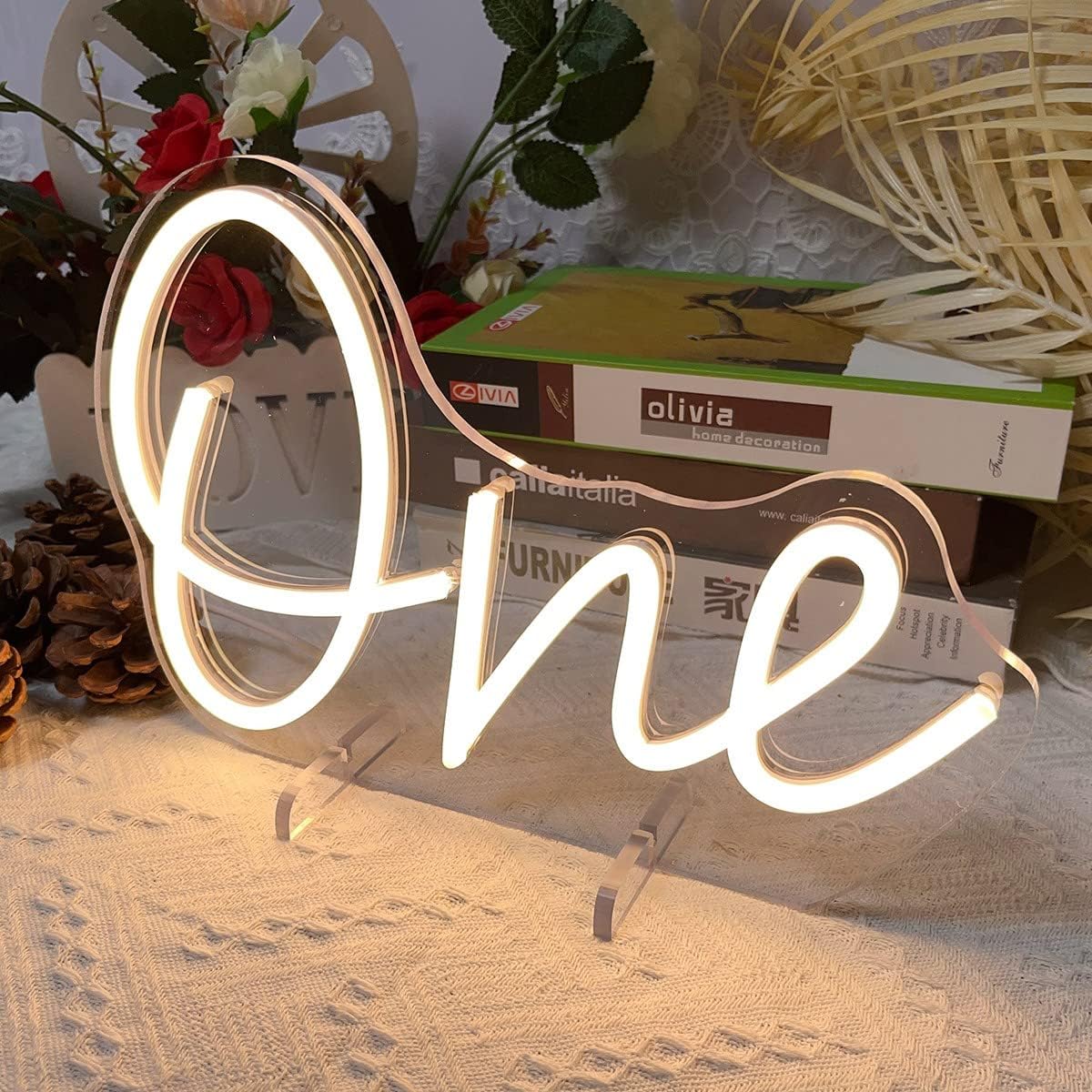 ONE Neon Sign - White LED Birthday Decoration Light for 1st Birthday Party & Baby Shower - Deen neon