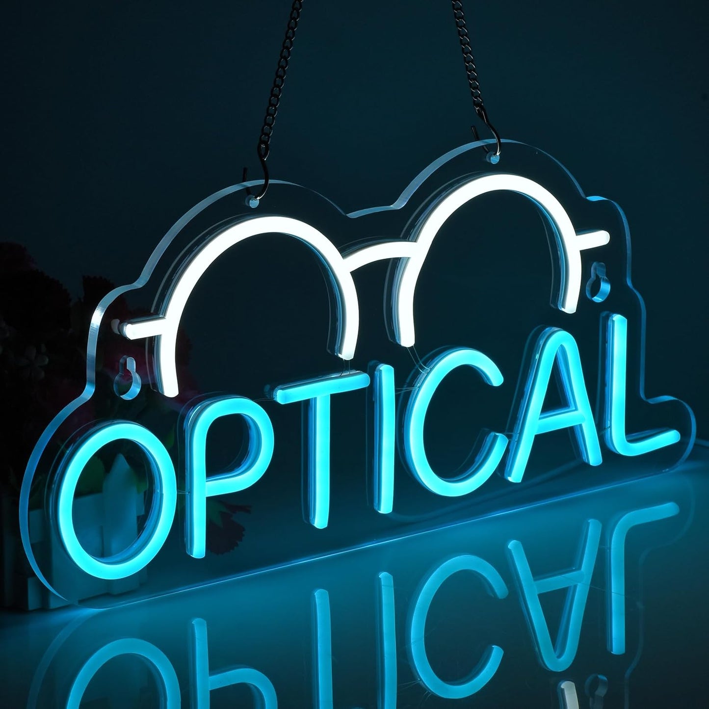 Neon sign with eyeglasses icon and OPTICAL text for eyewear store decor