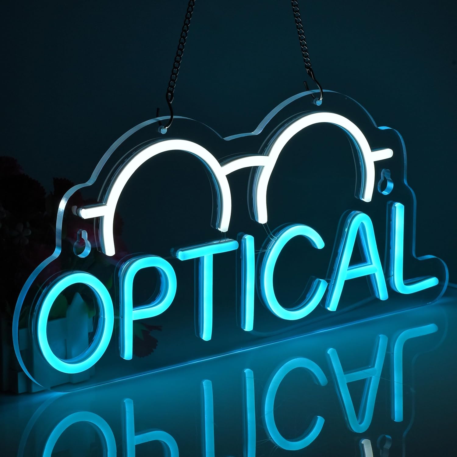 Neon sign with eyeglasses icon and OPTICAL text for eyewear store decor