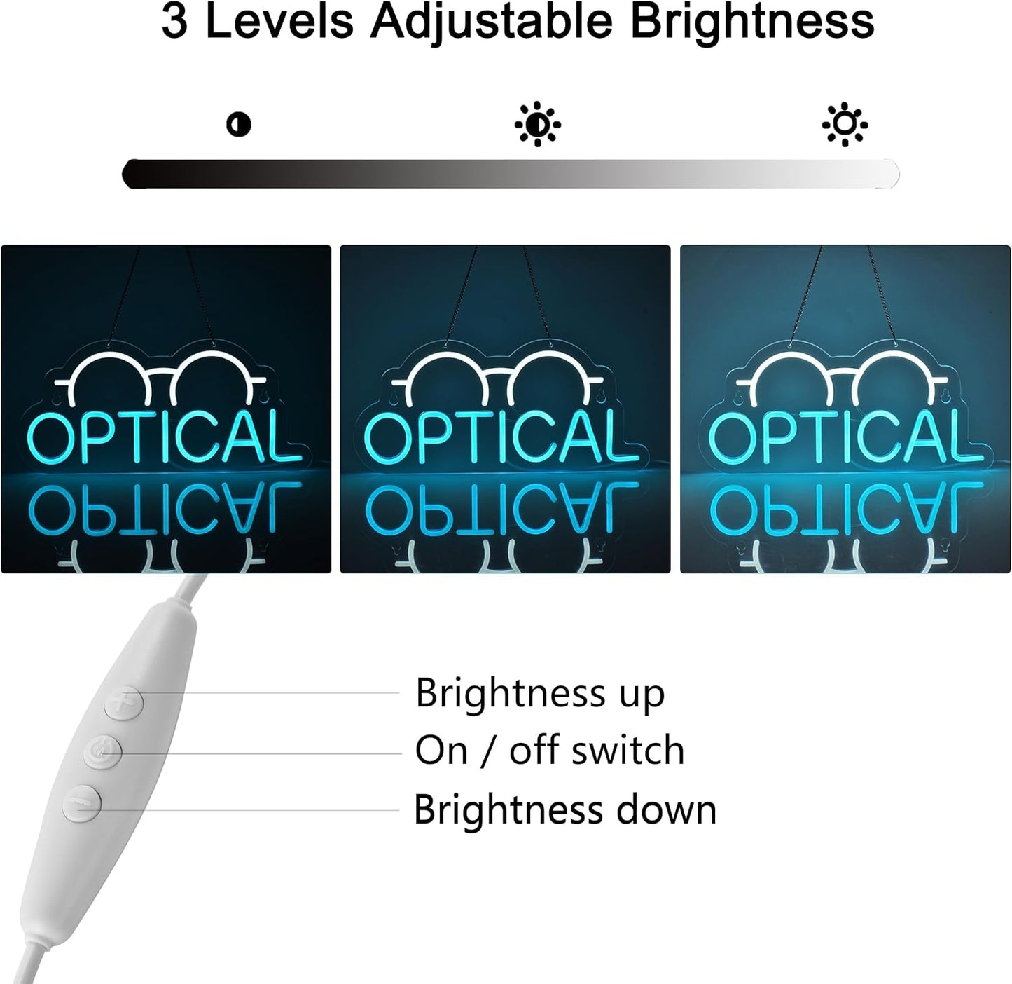 Neon sign with eyeglasses icon and OPTICAL text for eyewear store decor