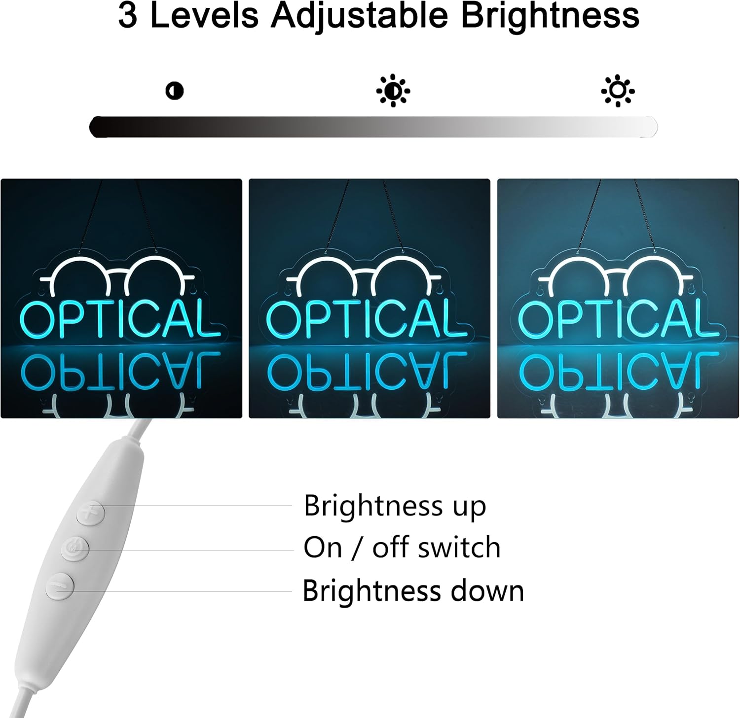 Neon sign with eyeglasses icon and OPTICAL text for eyewear store decor