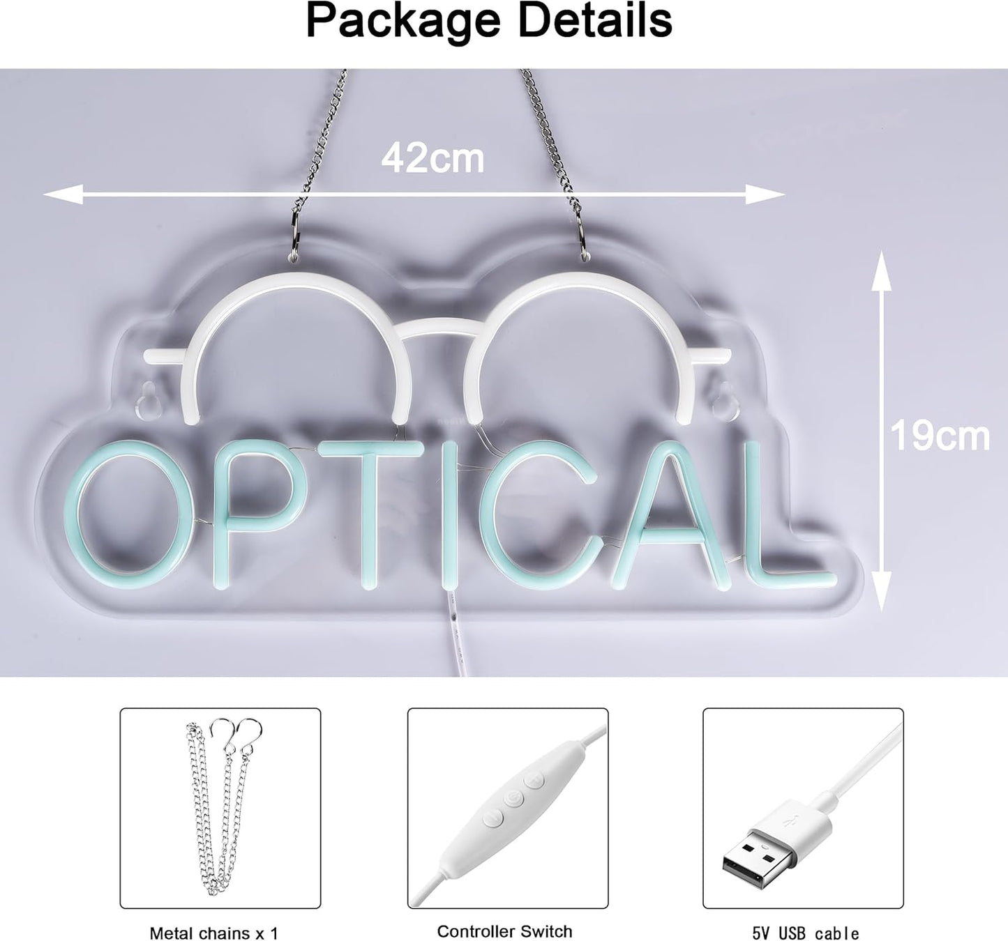 Neon sign with eyeglasses icon and OPTICAL text for eyewear store decor