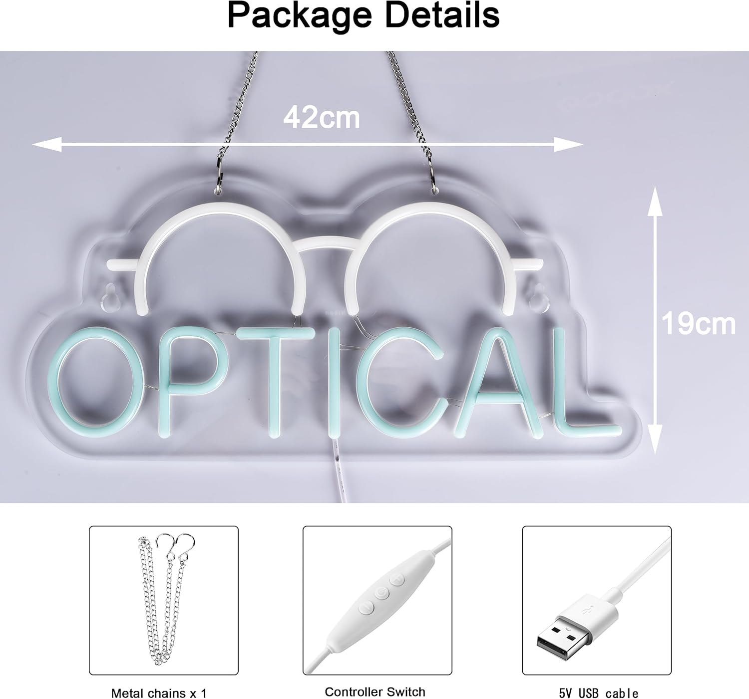 Neon sign with eyeglasses icon and OPTICAL text for eyewear store decor