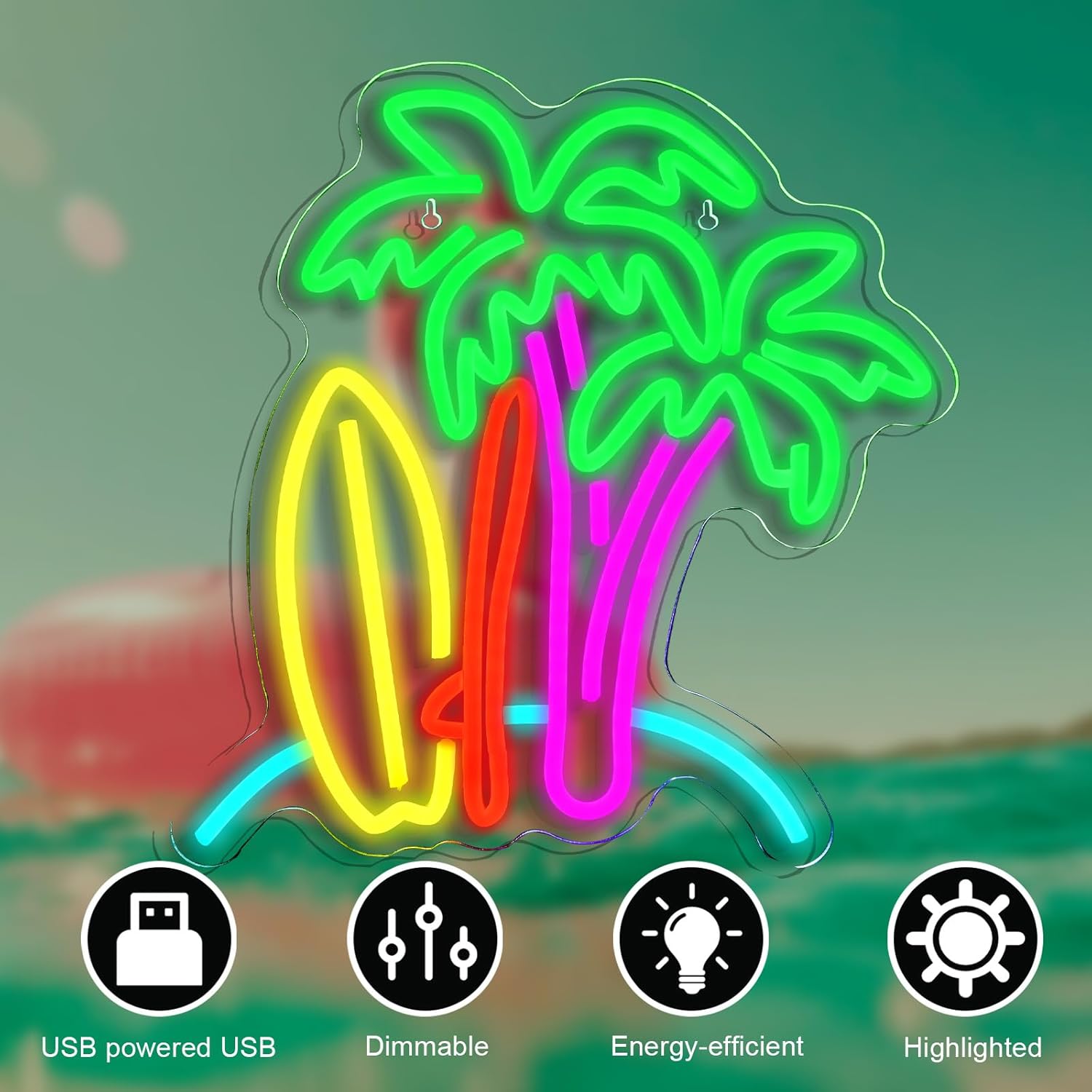 Palm tree and surfboard neon sign – tropical LED wall light for beach lovers
