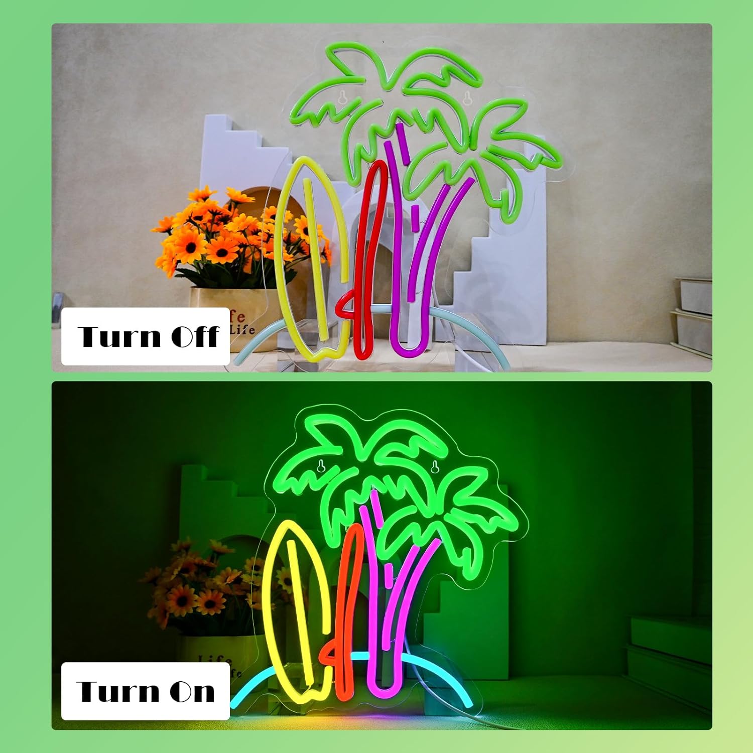 Palm tree and surfboard neon sign – tropical LED wall light for beach lovers