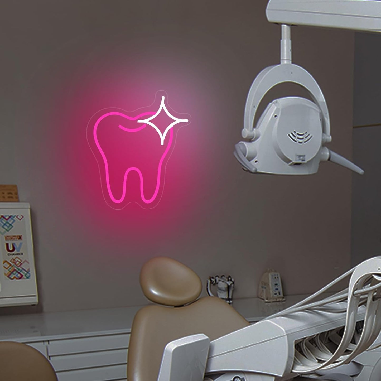 Cute pink neon sign shaped like a tooth, perfect for dental offices or fun home decor