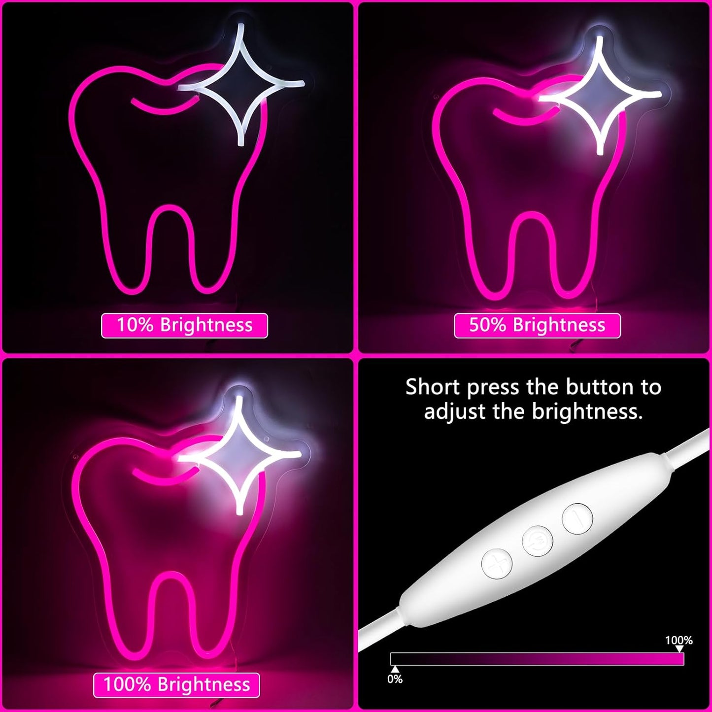 Cute pink neon sign shaped like a tooth, perfect for dental offices or fun home decor