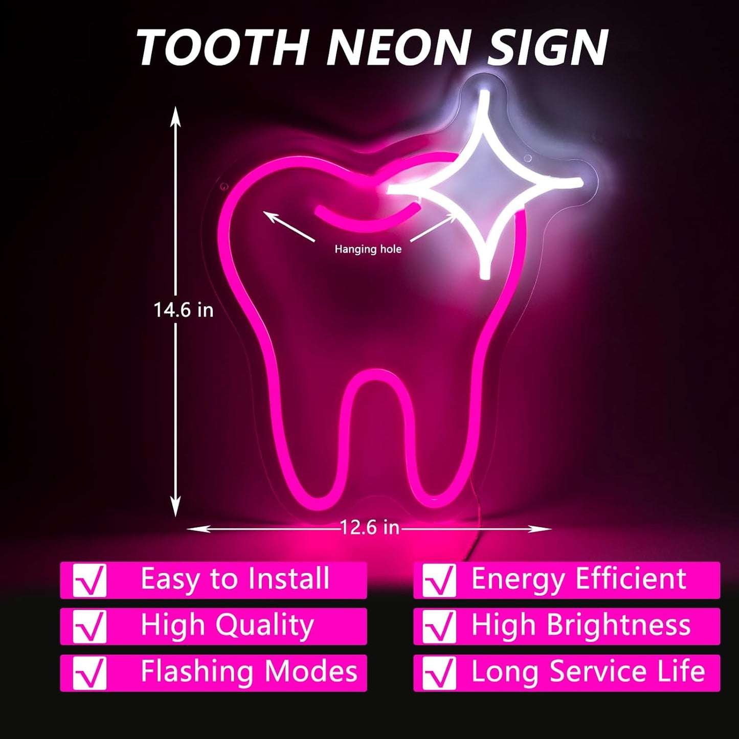Cute pink neon sign shaped like a tooth, perfect for dental offices or fun home decor