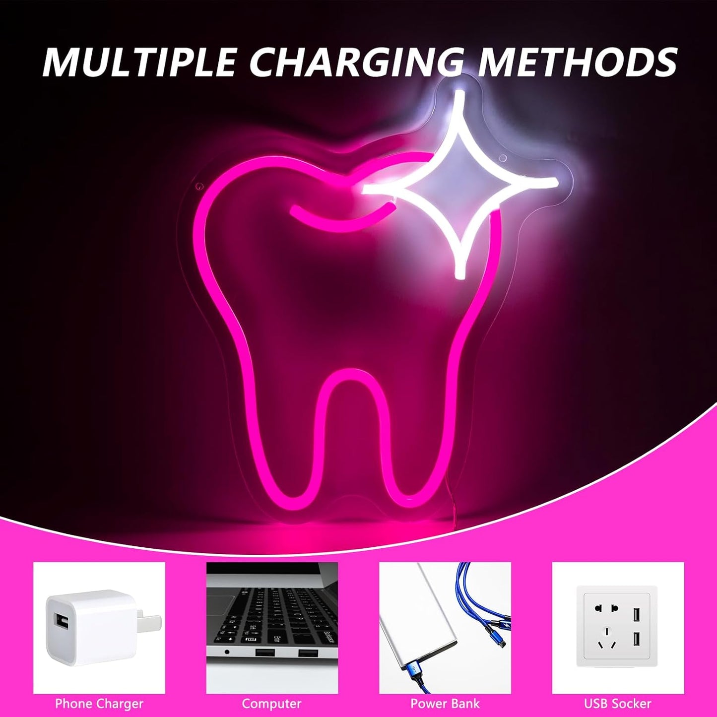 Cute pink neon sign shaped like a tooth, perfect for dental offices or fun home decor
