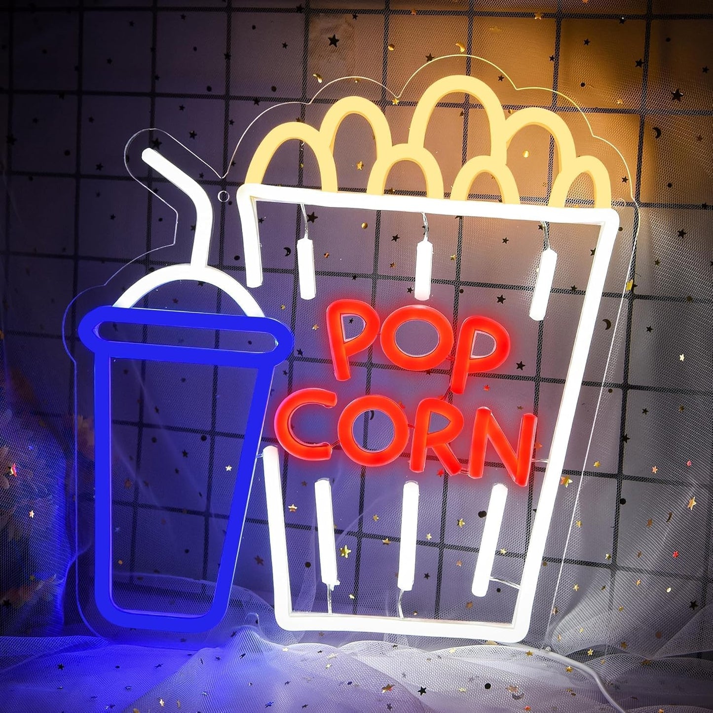Popcorn and soda cup neon sign in LED lights, perfect for movie room or home theater decor